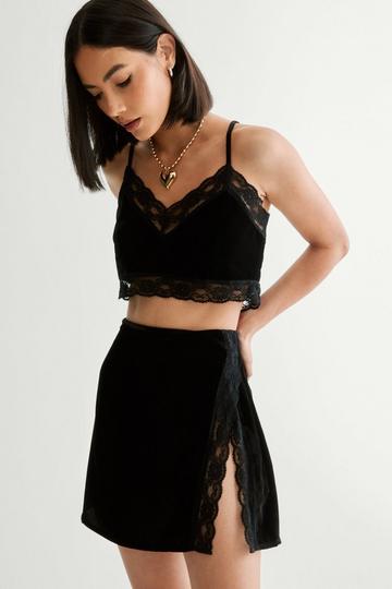 Black Velvet Lace Trim Split Mini Skirt