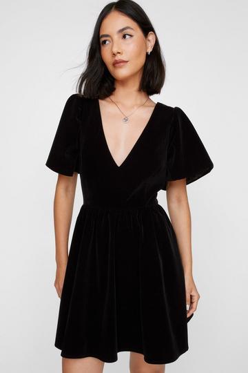 Velvet Puff Sleeve Plunge Skater Mini Dress black