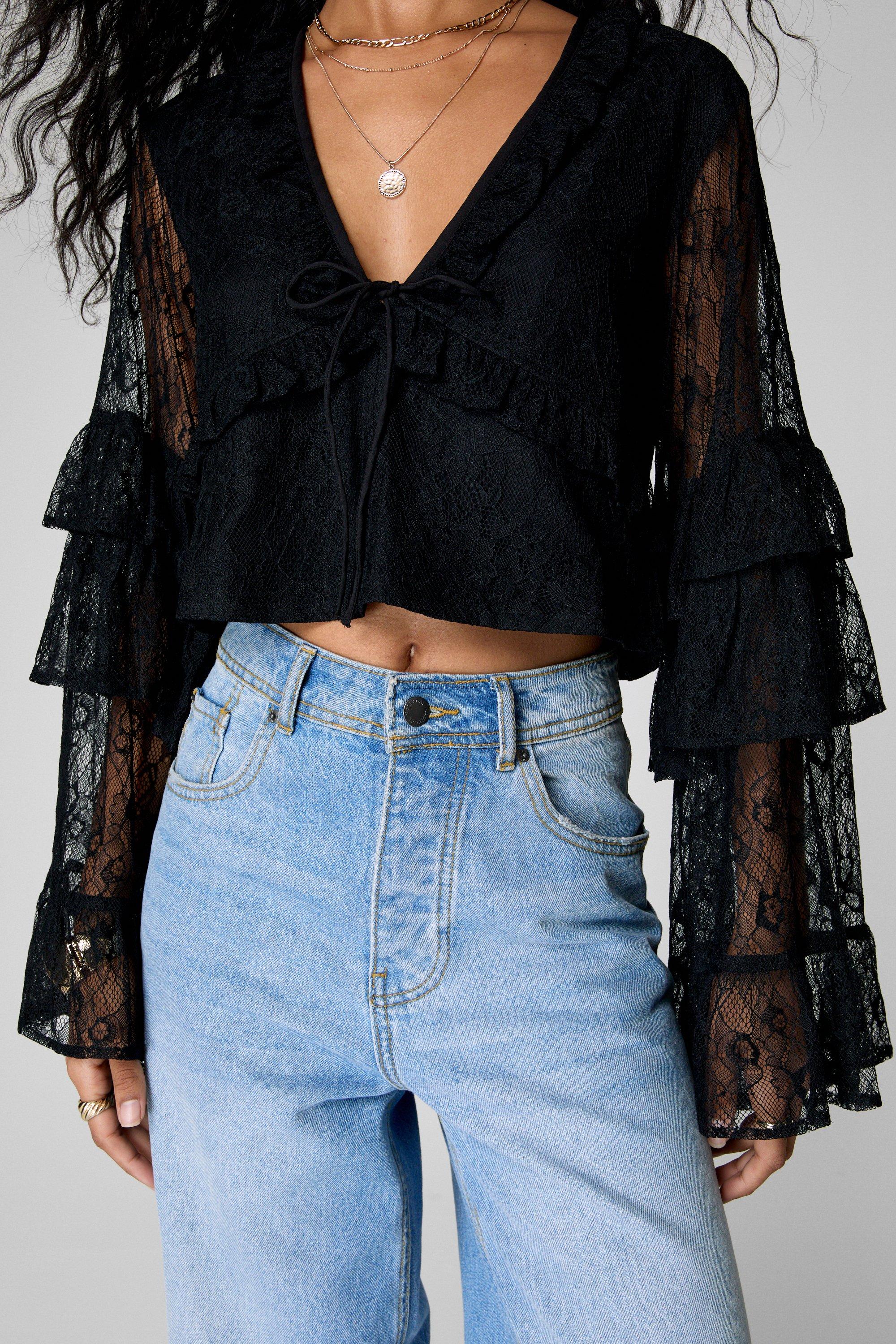 Black lace ruffle top online