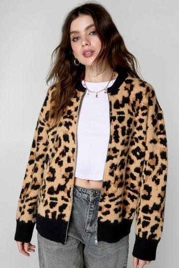 Leopard Jacquard Knit Bomber Jacket leopard