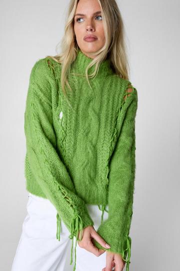 Green Cable Funnel Neck Lace Up Sweater