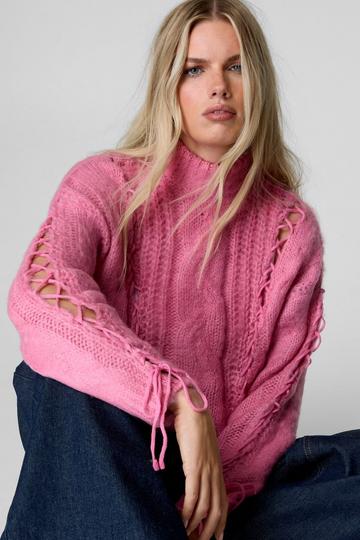 Cable Funnel Neck Lace Up Sweater pink