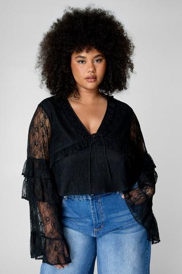 Plus Lace Ruffle Tie Front Fluted Sleeve Top black