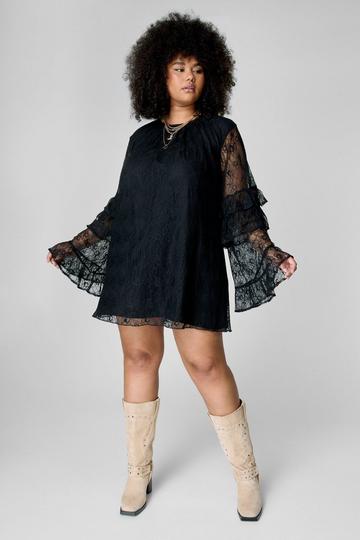 Plus Lace Ruffle Fluted Sleeve Tunic Mini Dress black