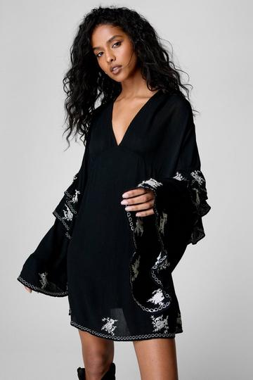 Black Crinkle Embroidered Ruffle Sleeve Plunge Tunic Dress