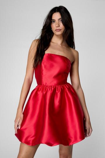 Red Satin Twill Bandeau Bubble Hem Mini Dress