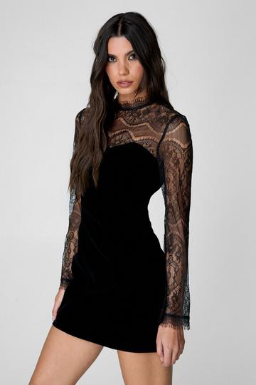 Black Velvet Lace Sleeve Structured Mini Dress