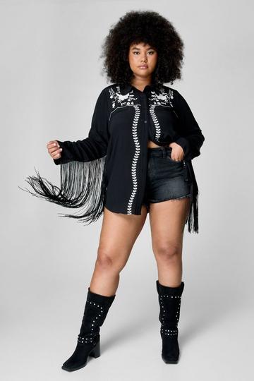 Plus Western Embroidered Fringe Shirt black