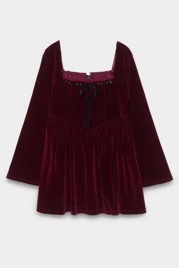 Plus Velvet Ribbon Trim Long Sleeve Corset Mini Dress burgundy