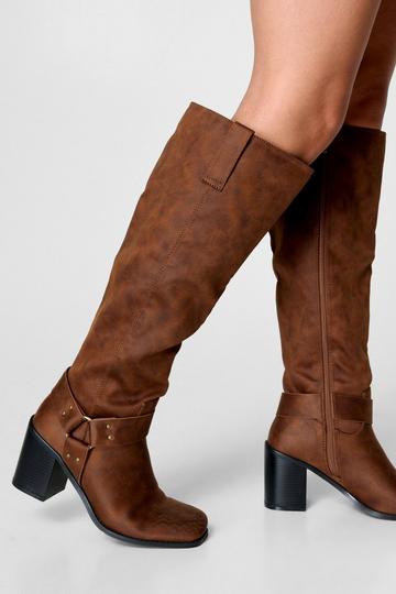 Faux Leather Heeled Biker Boot brown