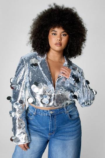 Plus Floral Embellished Sequin Blazer silver