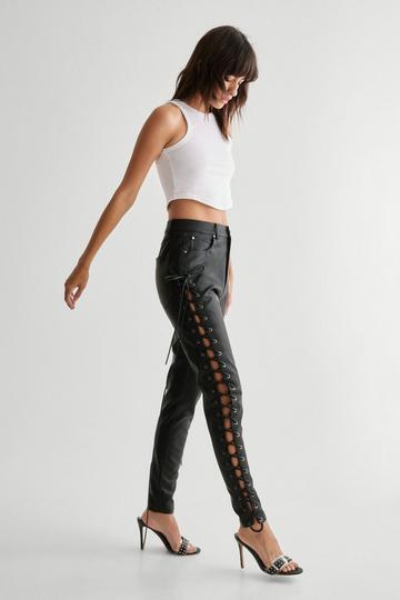 Black Eyelet Detail Faux Leather Trousers