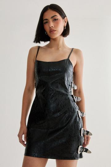 Black Distressed Faux Leather Buckle Detail Dress