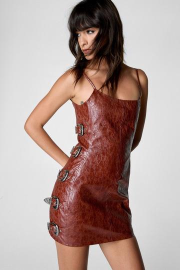 Distressed Faux Leather Buckle Detail Dress rust