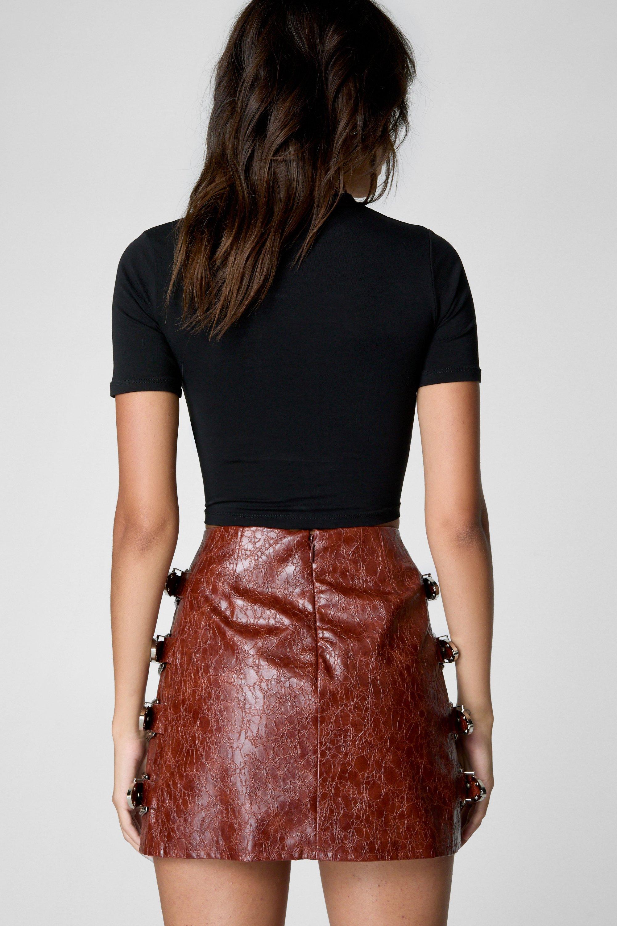 Distressed Faux Leather Buckle Detail Skirt