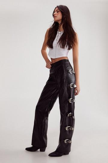 Distressed Faux Leather Buckle Detail Trouser black