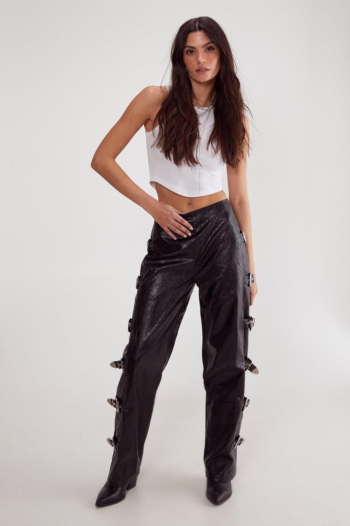 Distressed Faux Leather Buckle Detail Trouser