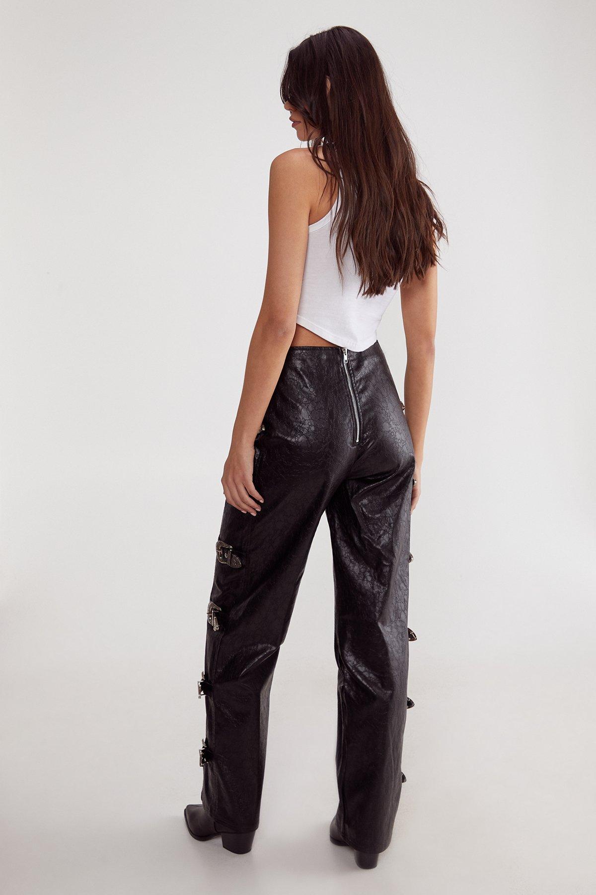 Distressed Faux Leather Buckle Detail Trouser