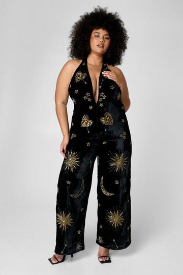 Plus Velvet Celestial Tattoo Embellished Plunge Halter Neck Jumpsuit black