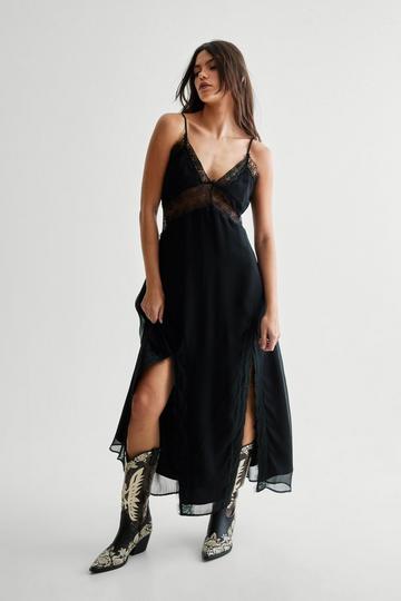 Crinkle Chiffon Lace Insert Double Split Maxi Slip Dress black