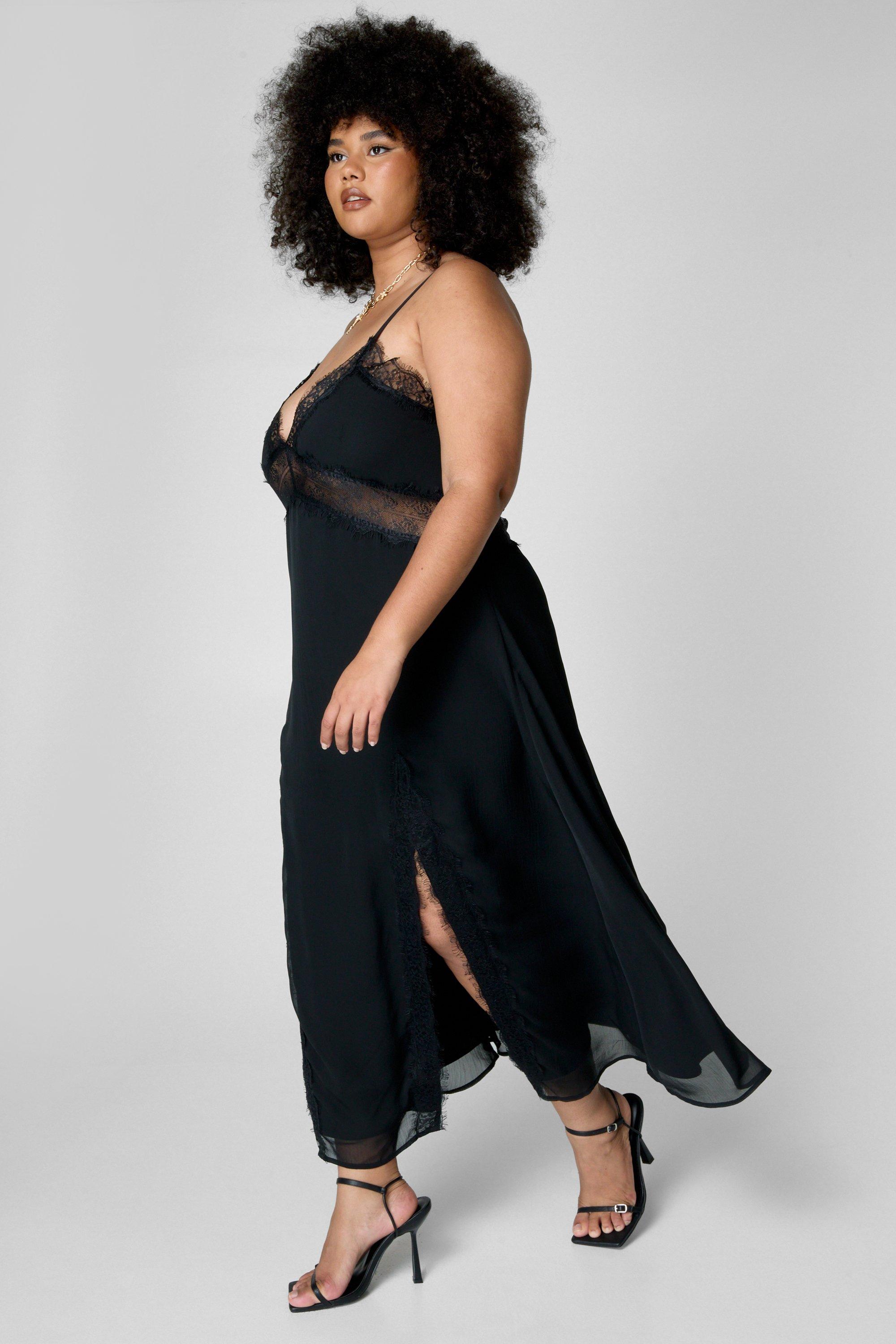 Plus Crinkle Chiffon Lace Insert Double Split Maxi Slip Dress