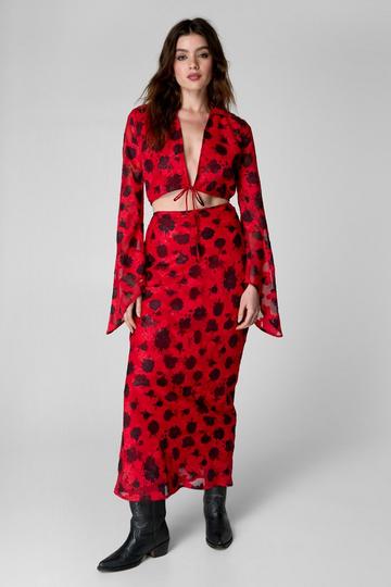 Red Burnout Floral Printed Bias Maxi Skirt