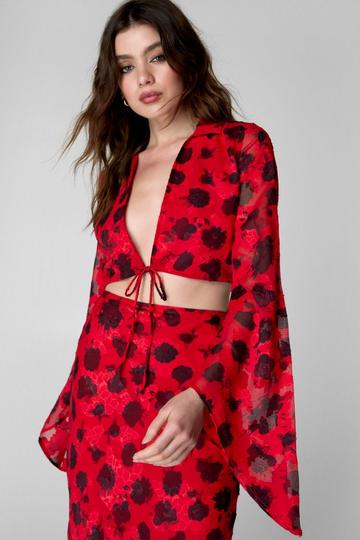 Red Burnout Floral Printed Tie Front Top