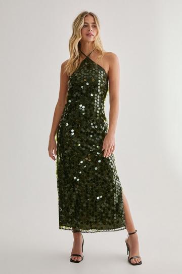 Disc Sequin Glitter Thread Contrast Halter Neck Strappy Midaxi Dress olive