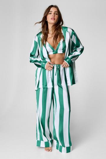 Satin Oversized Shirt, Bralet And Trouser 3pc Pajama Set emerald