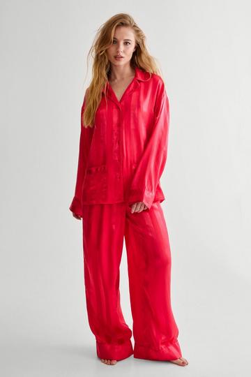 Stripe Jacquard Long Sleeve Pocket Detail Pajama Trouser Set red