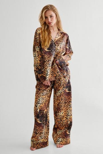 Leopard Print Oversized Long Sleeve Shirt And Trouser Pajama Set brown