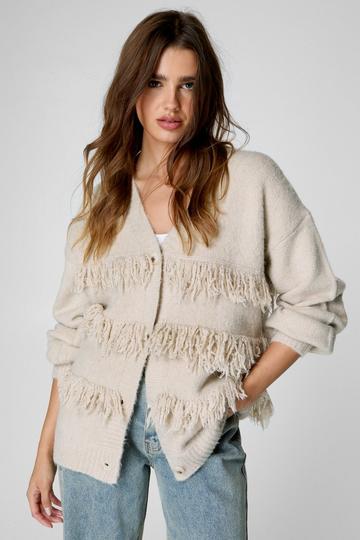 Fringe V Neck Long Cardigan beige