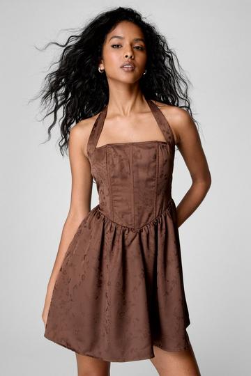 Satin Floral Jacquard Halter Neck Boned Corset Mini Dress chocolate