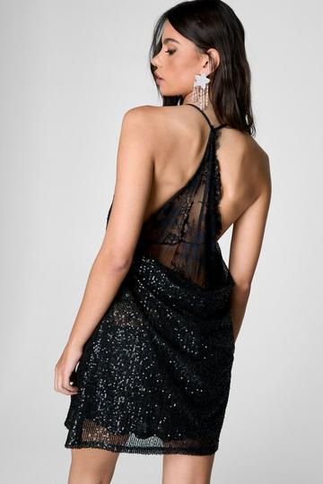 Black Sequin Lace Cowl Back Mini Slip Dress