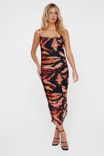 Abstract Print Ruched Midi Dress dark red