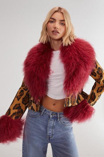 Limited Premium Leopard Suede and Shearling Short Coat leopard