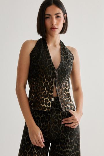 Black Ombre Leopard Print Denim Halter Top