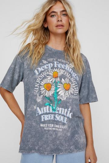 Acid Wash Graphic Flower Print T-Shirt grey marl