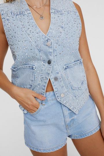 Blue Diamante Embellished Denim Waistcoat