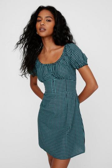 Green Check Button Through Mini Dress