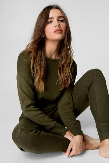 Khaki Knitted Drop Shoulder Jogger Set