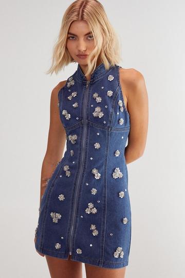 Limited Embellished Flower Applique Mini Dress authentic denim