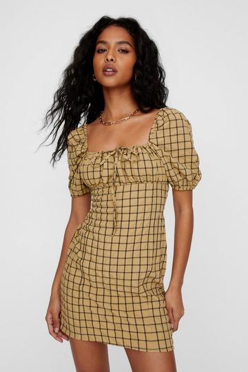 Check Print Tie Front Puffed Sleeve Mini Dress mustard