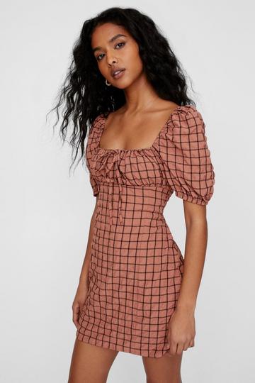 Check Print Tie Front Puffed Sleeve Mini Dress rust