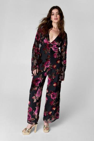 Floral Devore Fluted Sleeve Tie Back Jumpsuit black