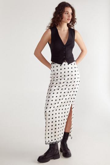 Satin Polka Dot Embroidered Split Maxi Skirt ecru