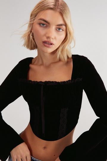 Velvet Lace Trim Tie Long Sleeve Corset Top black