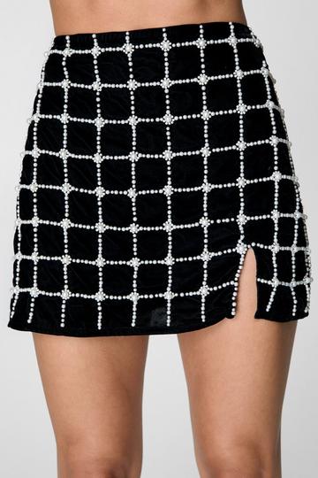 Black Pearl Embellished Velvet Side Split Mini Skirt