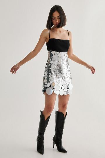 Silver Hand Embellished Sequin Disc Hem Mini Dress