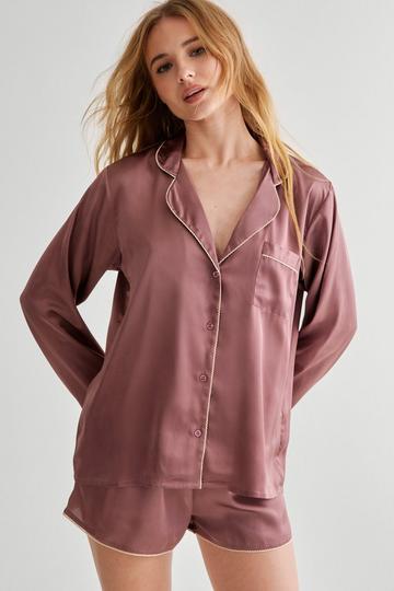 Satin Contrast Picot Trim Shirt And Short Pajama Set chocolate